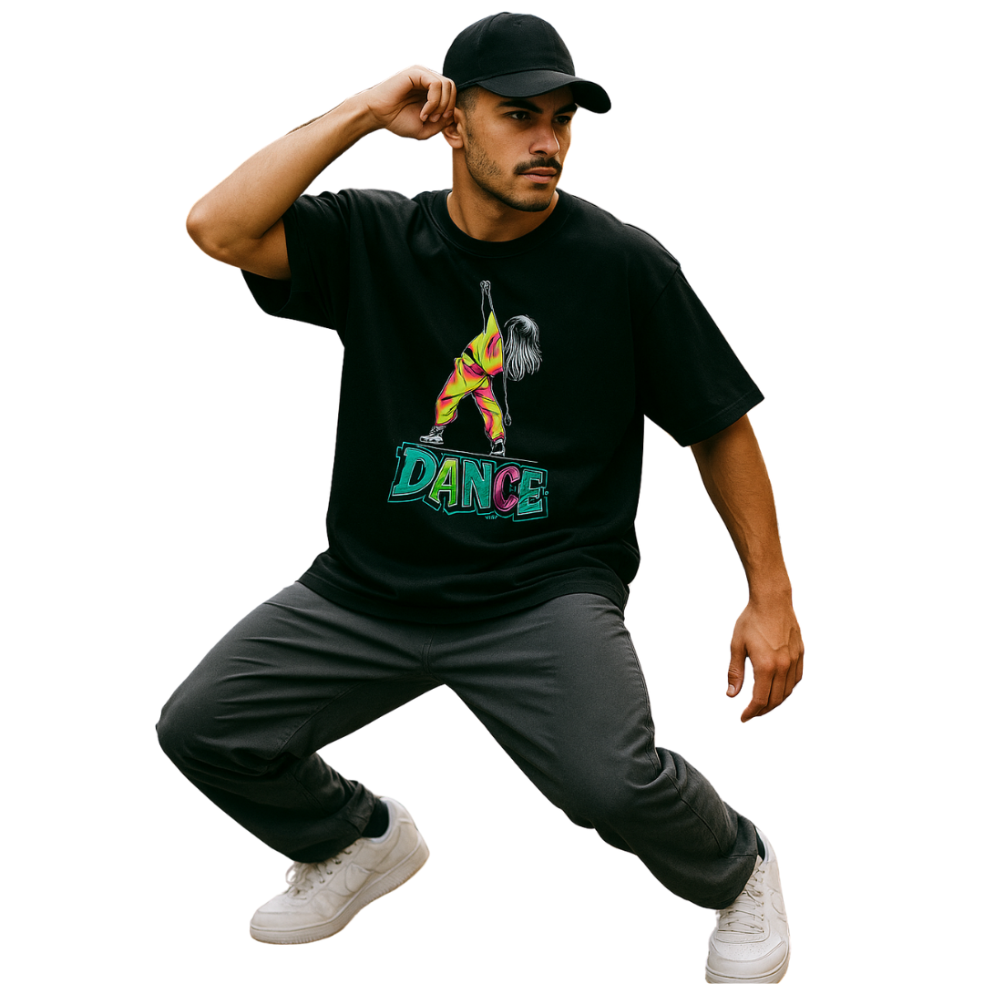 Zingleberry HypeStep Oversized Black Tee – Neon Pop Dance Graphic for Men & Women