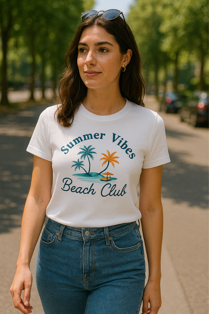 Zingle Berry Exclusive Summer Beach Club White T-Shirt For Women