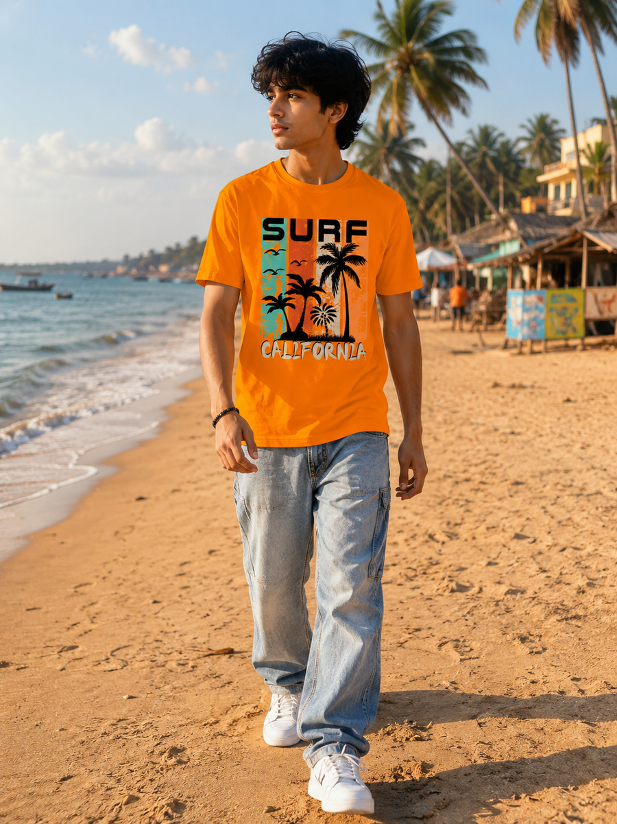 Zingleberry Premium Surf Vibes California Graphic Cotton T-Shirts – Saffron Orange
