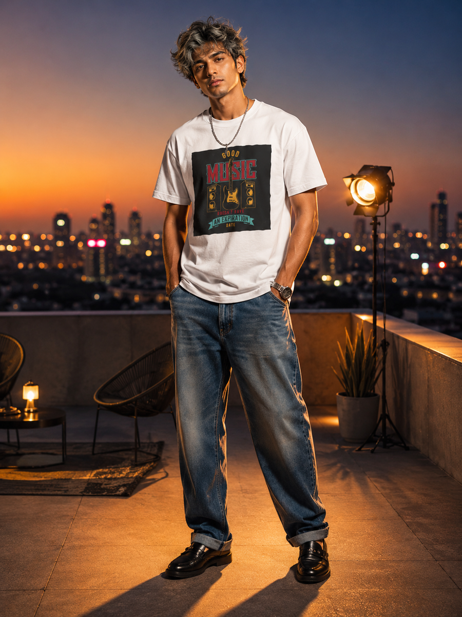 Zingleberry’s Unisex Oversized White T-Shirt – ‘Good Music Doesn’t Have an Expiration Date’ Guitar Graphic Tee