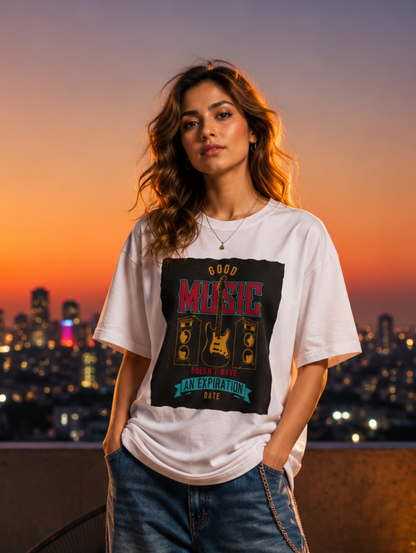Zingleberry’s Unisex Oversized White T-Shirt – ‘Good Music Doesn’t Have an Expiration Date’ Guitar Graphic Tee