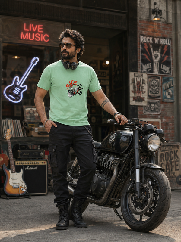 Zingleberry Ride Safe Biker Skull Graphic T-Shirt for Men | Premium Pure Cotton Norway Green Motorcycle Tee