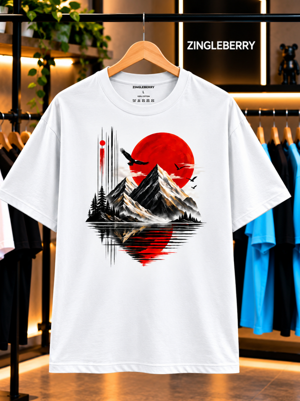 Zingleberry Red Sun Mountain Landscape White Oversized T-Shirt for Men & Women | Premium Cotton Graphic Tee