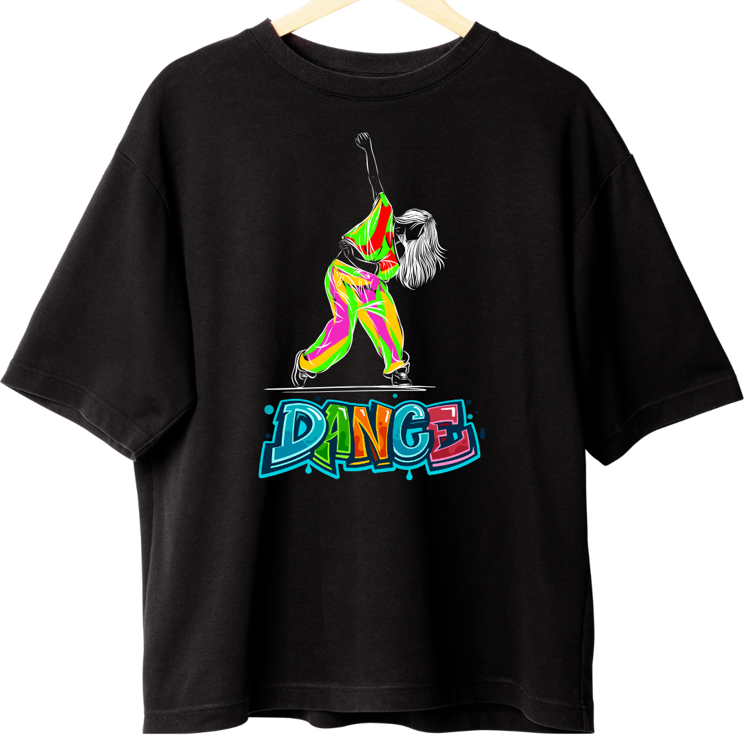 Zingleberry HypeStep Oversized Black Tee – Neon Pop Dance Graphic for Men & Women