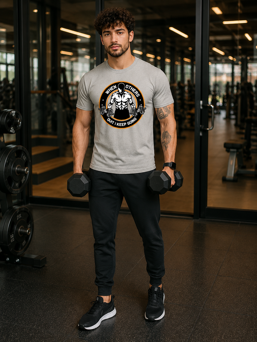 Zingleberry Men’s Gym Workout T-Shirt – “When Others Quit I Keep Going” Muscle Fit Crew Neck Tee