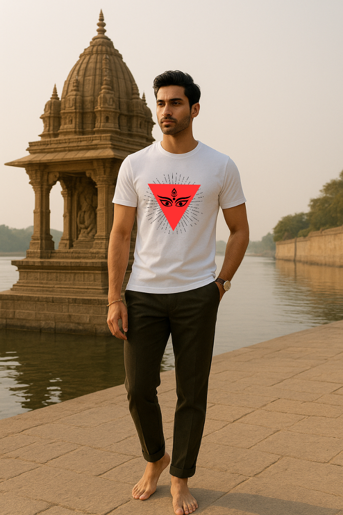 Zingleberry Premium Unisex Maa Durga T-Shirt – White Cotton Round Neck Spiritual Graphic Tee