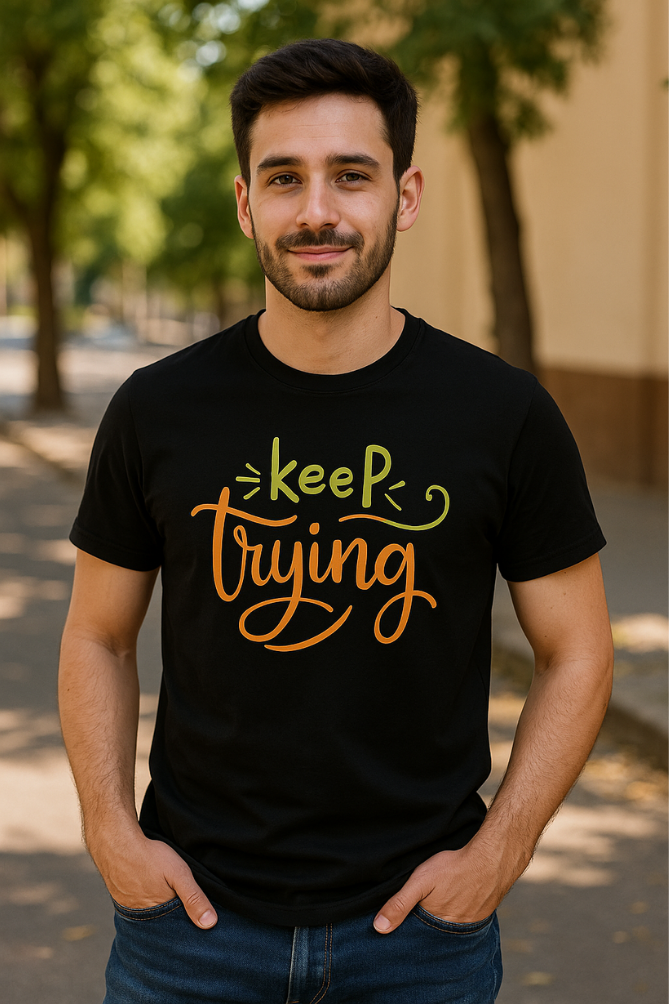 Trendy Motivational Black T-Shirts – Keep Trying Design