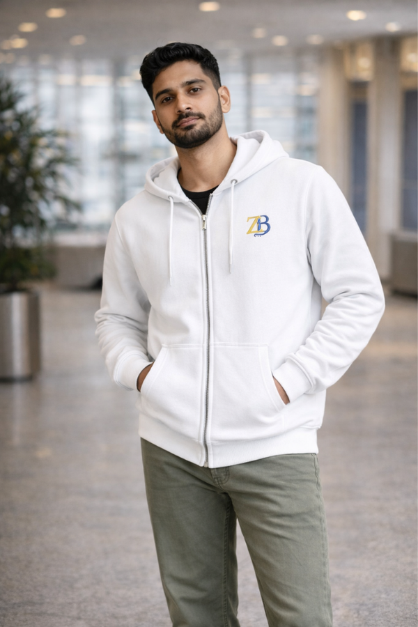 Zingleberry ZB Premium Unisex Zip Hoodie – 400 GSM Cotton Winter Hoodie (White)