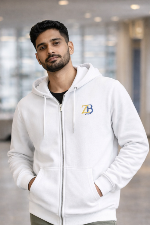 Zingleberry ZB Premium Unisex Zip Hoodie – 400 GSM Cotton Winter Hoodie (White)