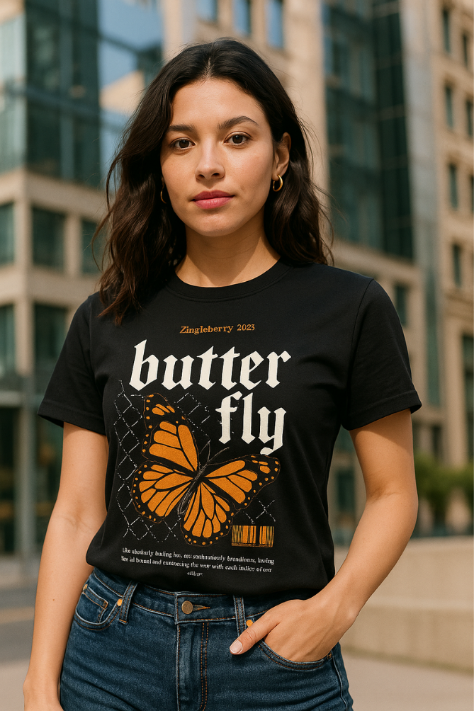 Zingleberry Exclusive Butterfly Printed Black Cotton Tee For Women