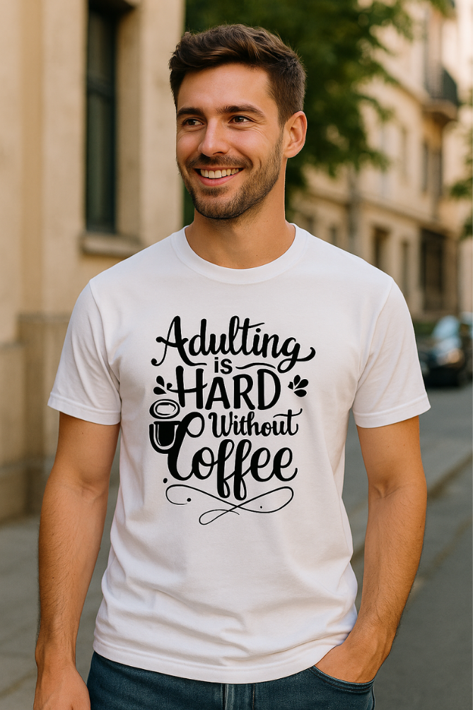 Morning Mood White T-Shirts – Adulting Without Coffee Quote