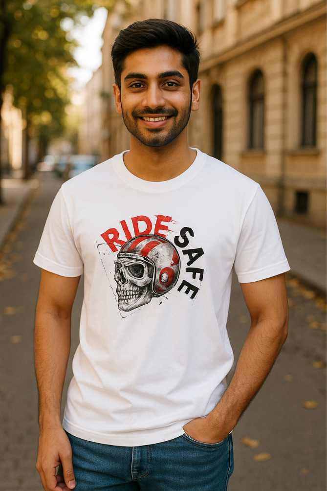 Ride Safe White Skull Tee – Cool Biker Safety T-Shirt for Riders