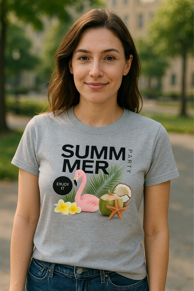 Zingle Berry Exclusive Summer Printed Grey Melange T-Shirt For Women
