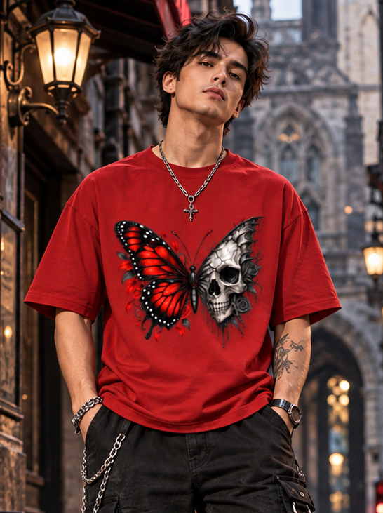 Zingleberry Dark Metamorphosis Red Oversized T-Shirt for Men & Women | Premium Cotton Gothic Butterfly Skull Graphic Tee