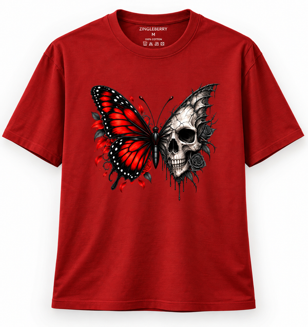 Zingleberry Dark Metamorphosis Red Oversized T-Shirt for Men & Women | Premium Cotton Gothic Butterfly Skull Graphic Tee