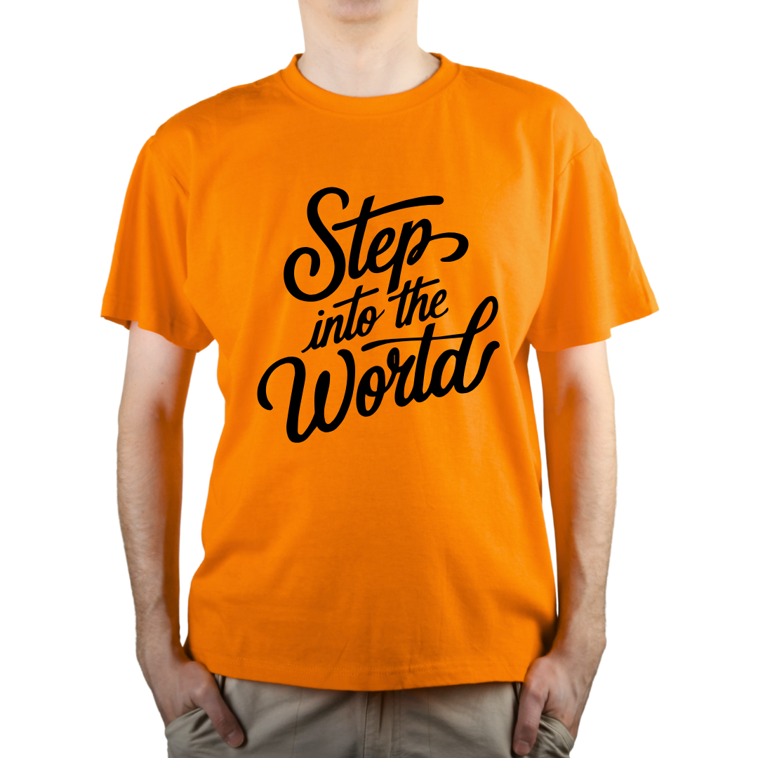 Male model wearing an orange 'Step into world' printed tee