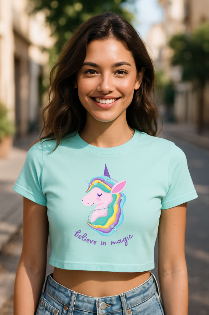 Zingleberry Exclusive Unicorn Printed Soft Sky Blue Crop Top for women
