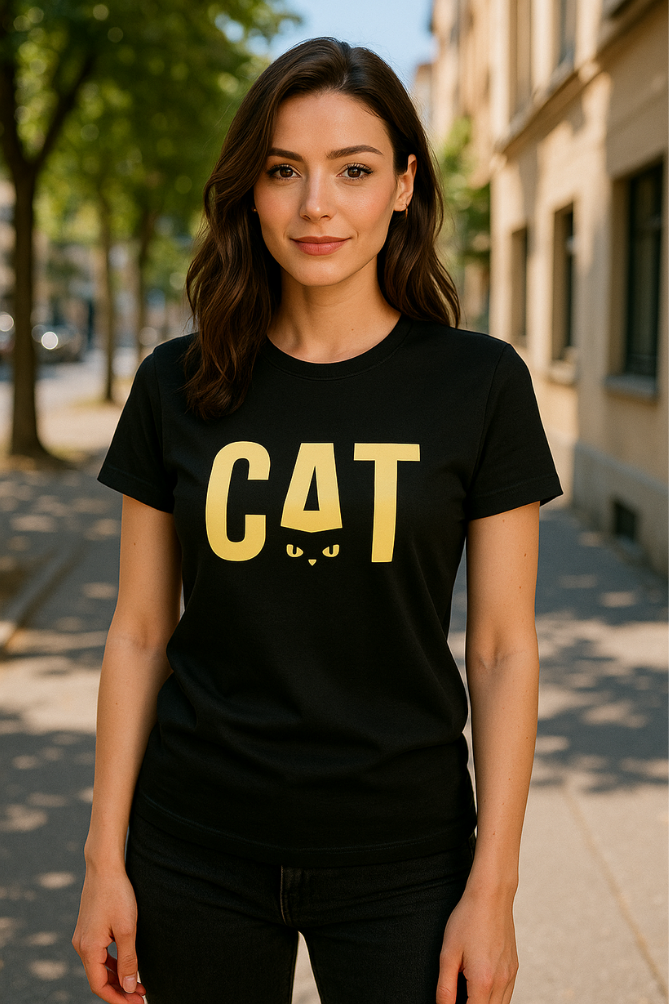 Zingleberry Exclusive CAT Printed Cotton Black T-shirt For Women