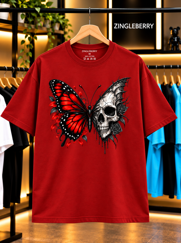 Zingleberry Dark Metamorphosis Red Oversized T-Shirt for Men & Women | Premium Cotton Gothic Butterfly Skull Graphic Tee