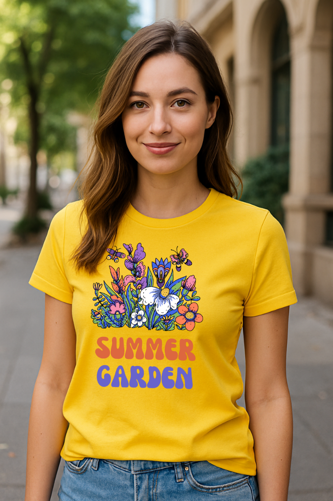 Zingleberry Exclusive Summer Garden Printed Cotton T-shirt For Women
