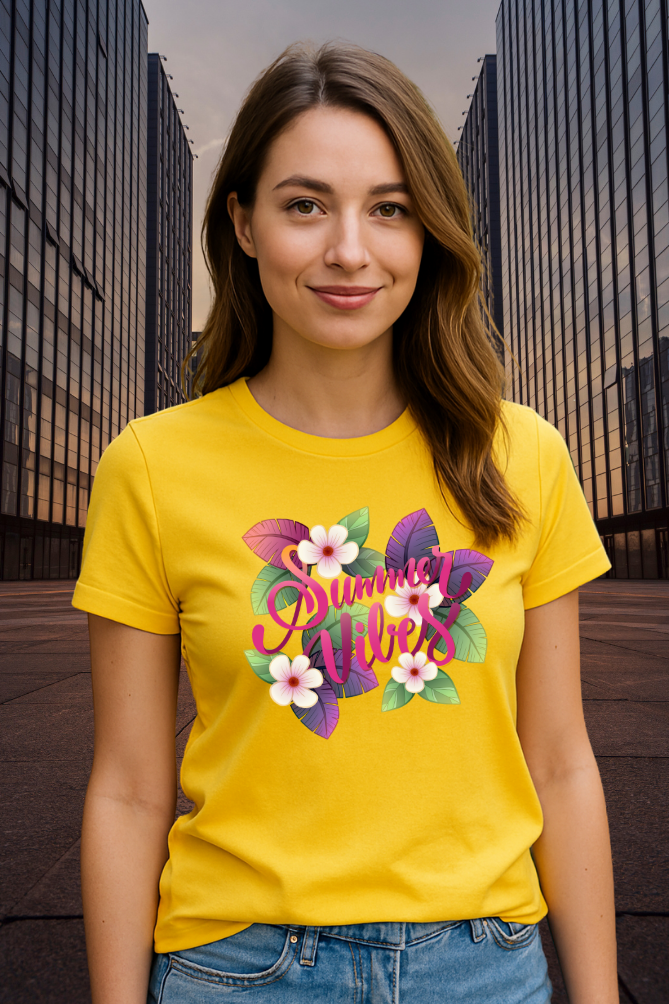 Zingle Berry Summer & Flowers Printed Golden Yellow Tee For Women