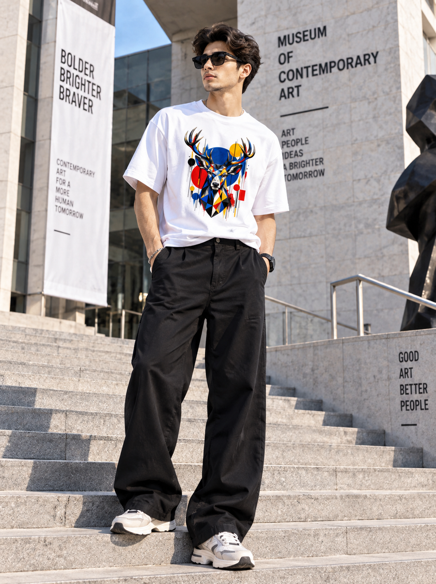 Zingleberry Geometric Deer Modern Art White Oversized T-Shirt for Men & Women | Premium Cotton Graphic Tee