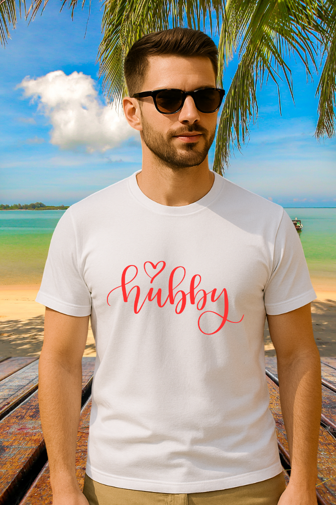 Minimal Hubby T-Shirts – Elegant Red Script Shirt for Couples
