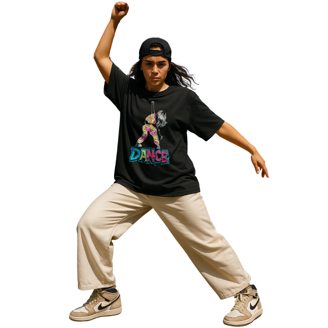 Zingleberry HypeStep Oversized Black Tee – Neon Pop Dance Graphic for Men & Women