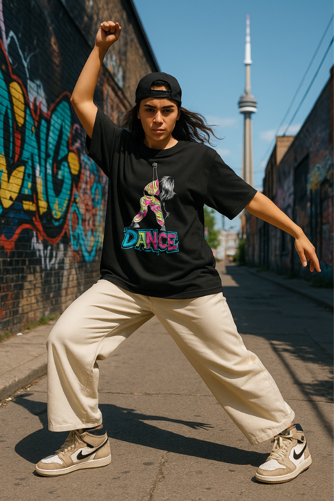 Zingleberry HypeStep Oversized Black Tee – Neon Pop Dance Graphic for Men & Women