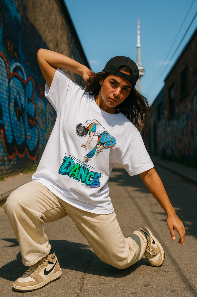 Zingleberry Oversized White Tee – Dance Graphic for Men & Women
