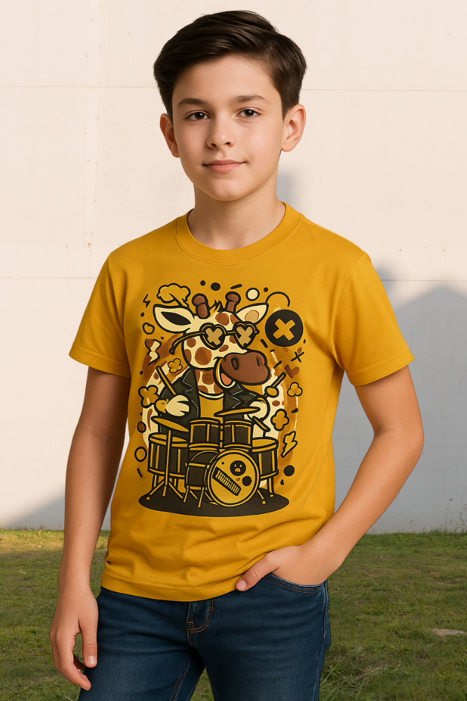 Zingle Berry Classic Crew Printed Mustard Yellow T-Shirt For Boys