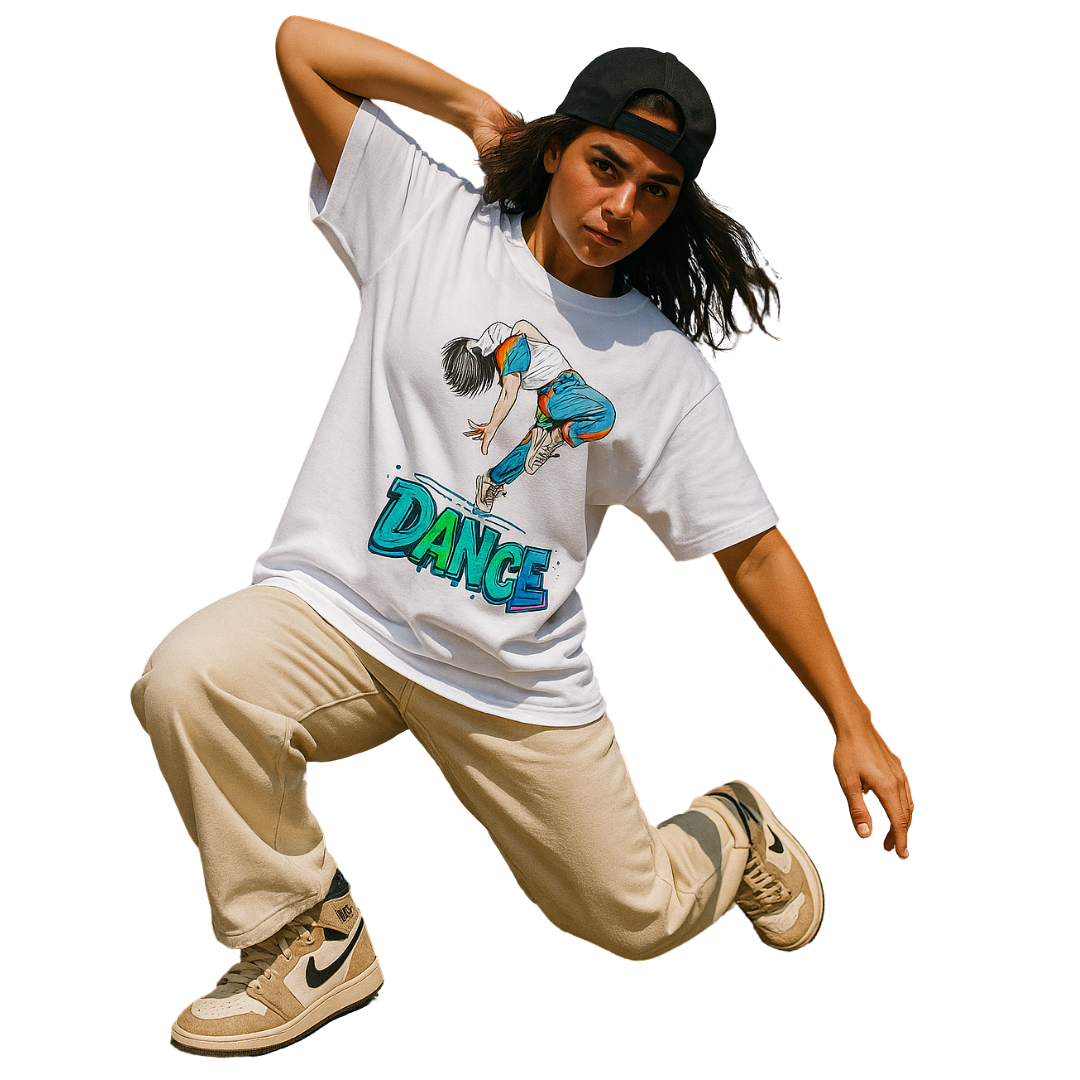 Zingleberry Oversized White Tee – Dance Graphic for Men & Women