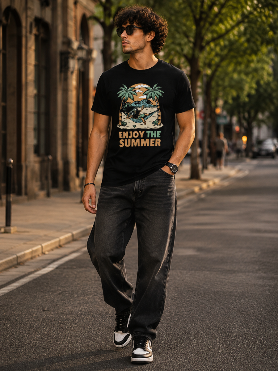 Zingleberry Premium Enjoy The Summer Black T-Shirt For Men