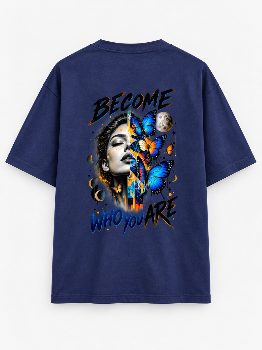 Zingleberry navy blue oversized T-shirt with Become Who You Are butterfly and surreal portrait large back graphic.