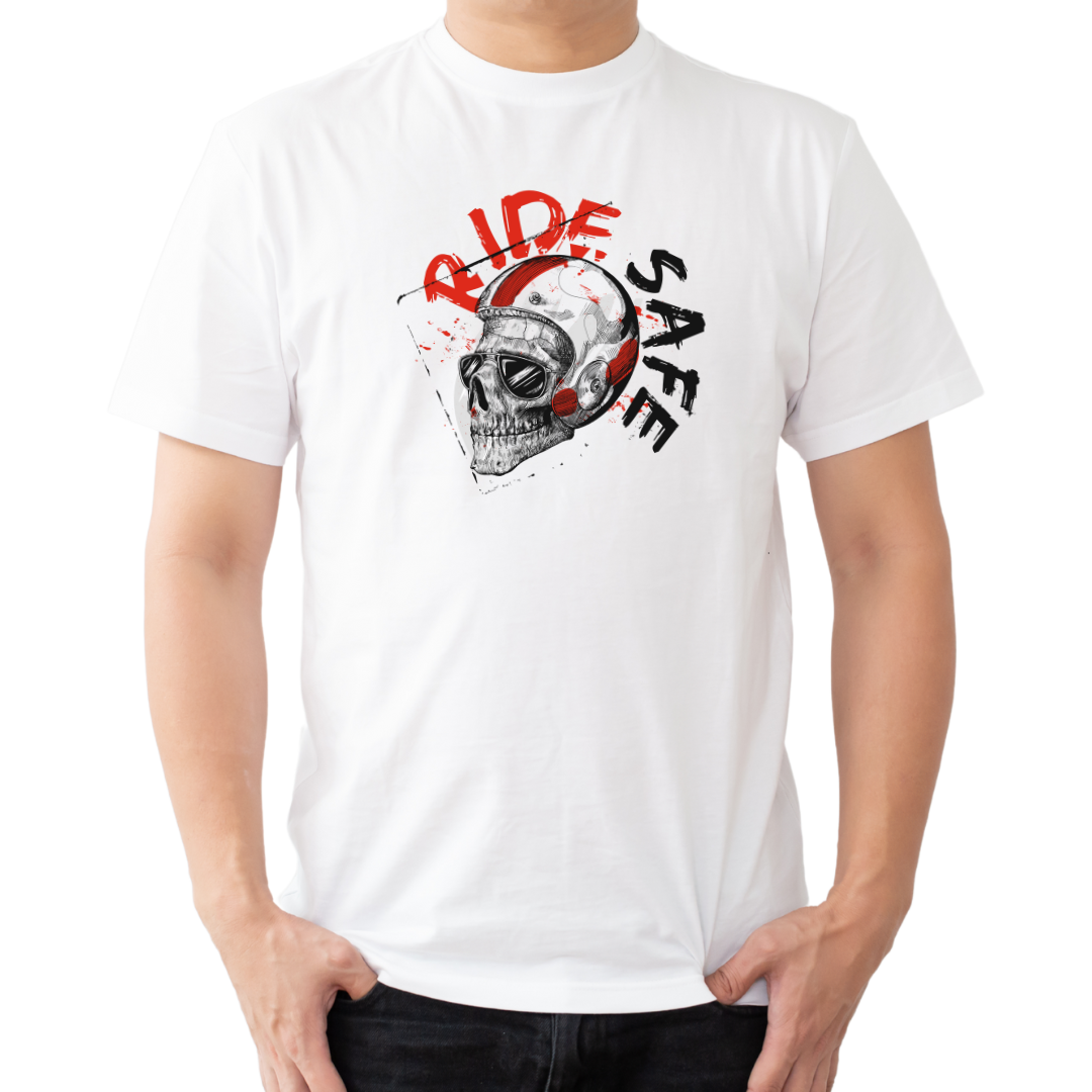 Ride Safe White Skull Tee – Cool Biker Safety T-Shirt for Riders
