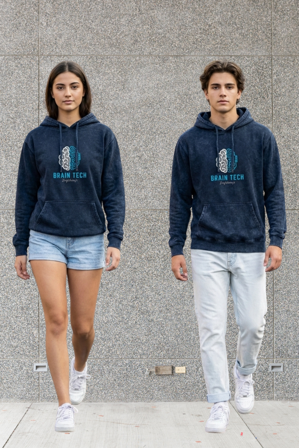Two people wearing navy blue hoodies with 'Brain Tech' logo against a gray wall.