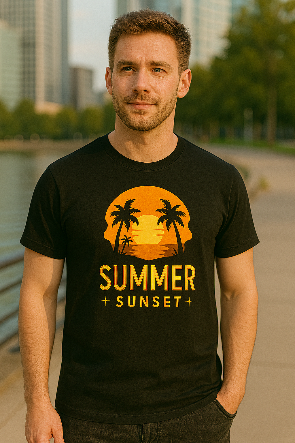Zingle Berry Exclusive Summer Sunset Black T-Shirt For Men