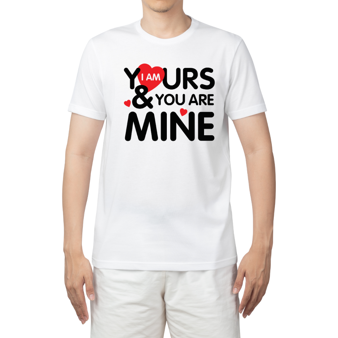 Model wearing I am yours & you are mine printed couple cotton tshirt