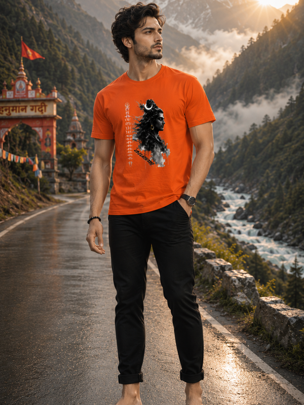 Zingleberry Premium Mahadev Shiva Printed Cotton T-Shirt – Stylish Orange Graphic Tee for Men