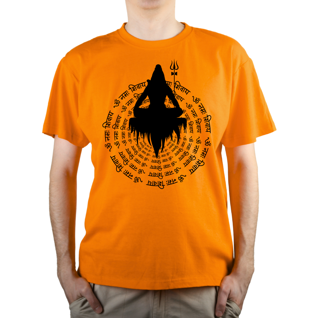 Man wearing saffron orange Om Namah Shivay t-shirt with Lord Shiva, and trident – spiritual and cultural Hindu graphic tee for men and women