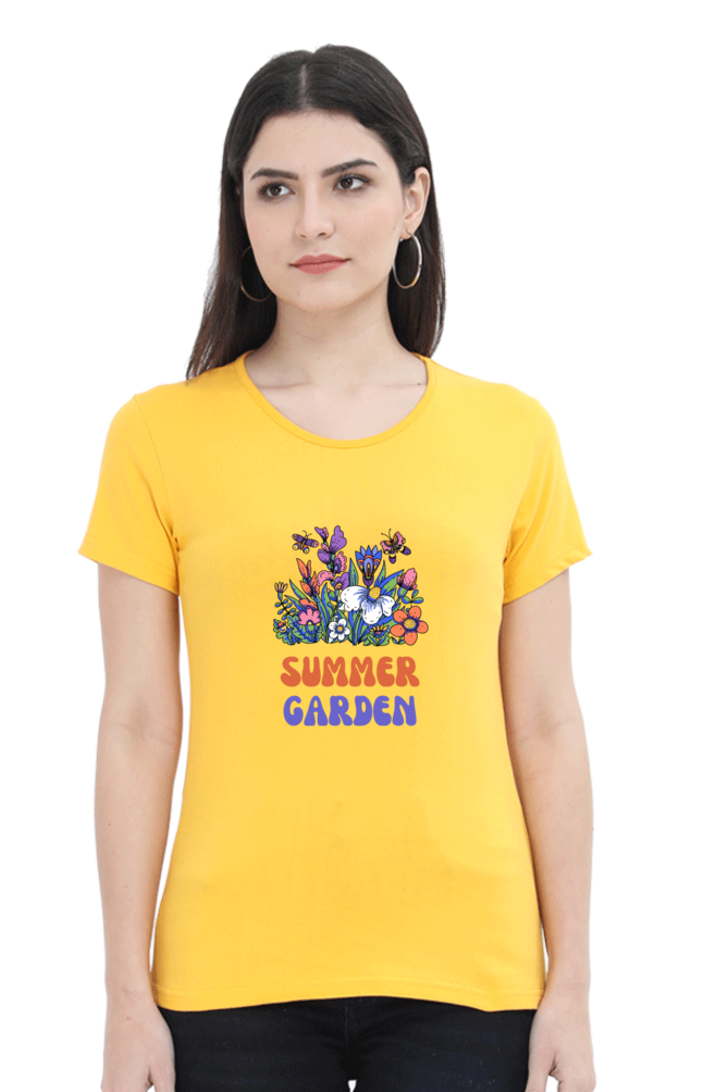 Women Model wearing Summer Garden Yellow Color T-shirt.