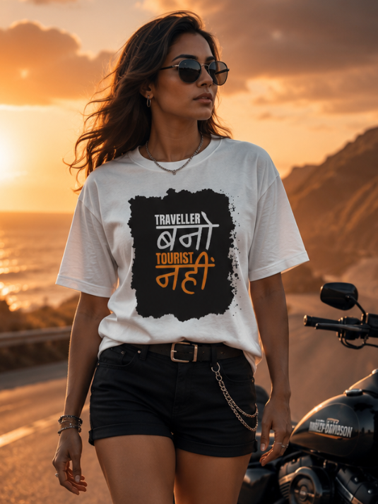 Zingleberry Traveller Typography Graphic Print Oversized Unisex Cotton T-Shirt