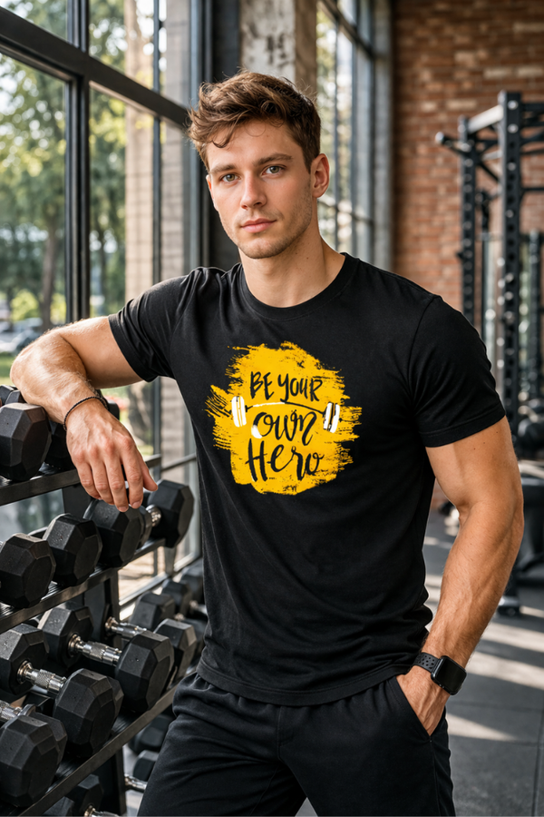 Man in black Zingleberry gym t-shirt with “Be Your Own Hero” print, perfect for gym lovers and fitness-focused individuals.