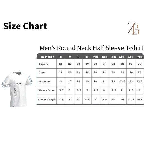 Zingleberry Classic Men's Gym T-Shirt size chart with chest and length measurements for fitness and workout apparel.