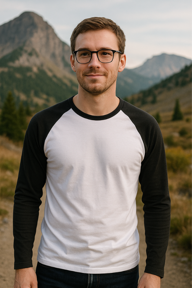 Man in black and white Zingleberry Men's Raglan Round Neck T-Shirt, outdoors. Ideal for workouts, gym, and active lifestyle.