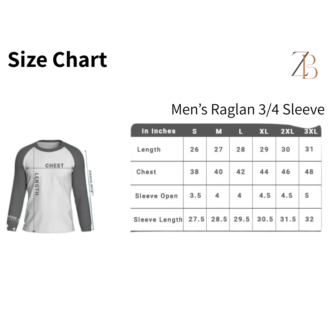 Zingleberry Men's Raglan Round Neck T-Shirt Size Chart with measurements for gym and activewear in inches, S to 3XL.