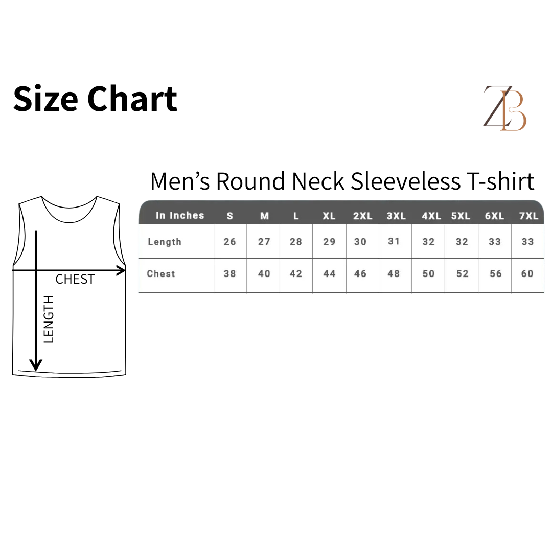 Zingleberry sleeveless men's gym t-shirt size chart – classic fit for athletes, bodybuilders, and active sportswear lovers.