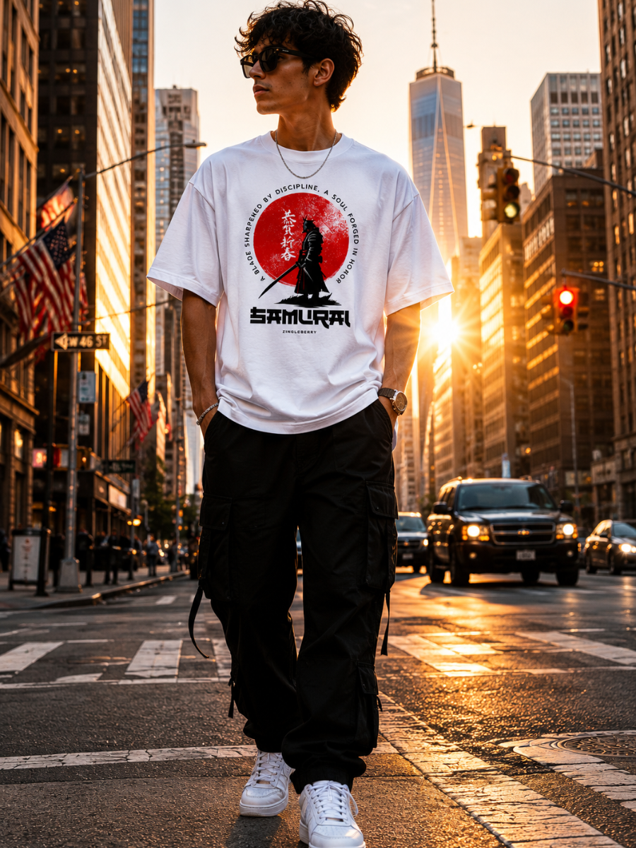 Zingleberry Samurai Warrior Graphic Print Oversized Unisex Cotton T-Shirt
