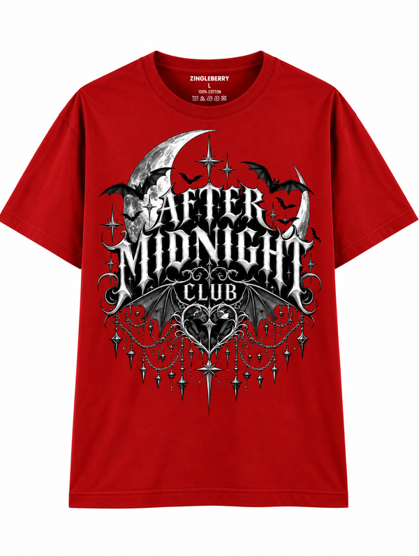 Zingleberry After Midnight Club red unisex oversized Gothic T-shirt front view with silver and black graphic