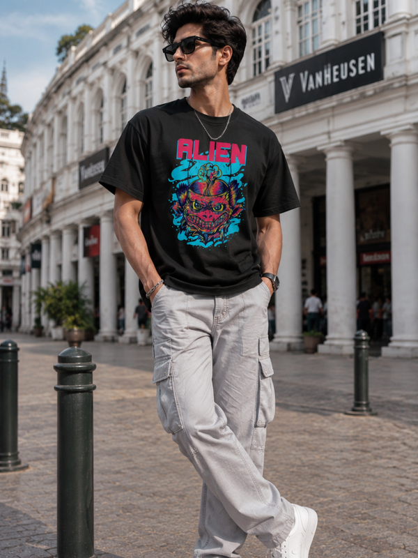 Male model wearing Zingleberry Alien Premium Black Cotton Graphic T-Shirt paired with white cargo trousers for a modern urban streetwear look.
